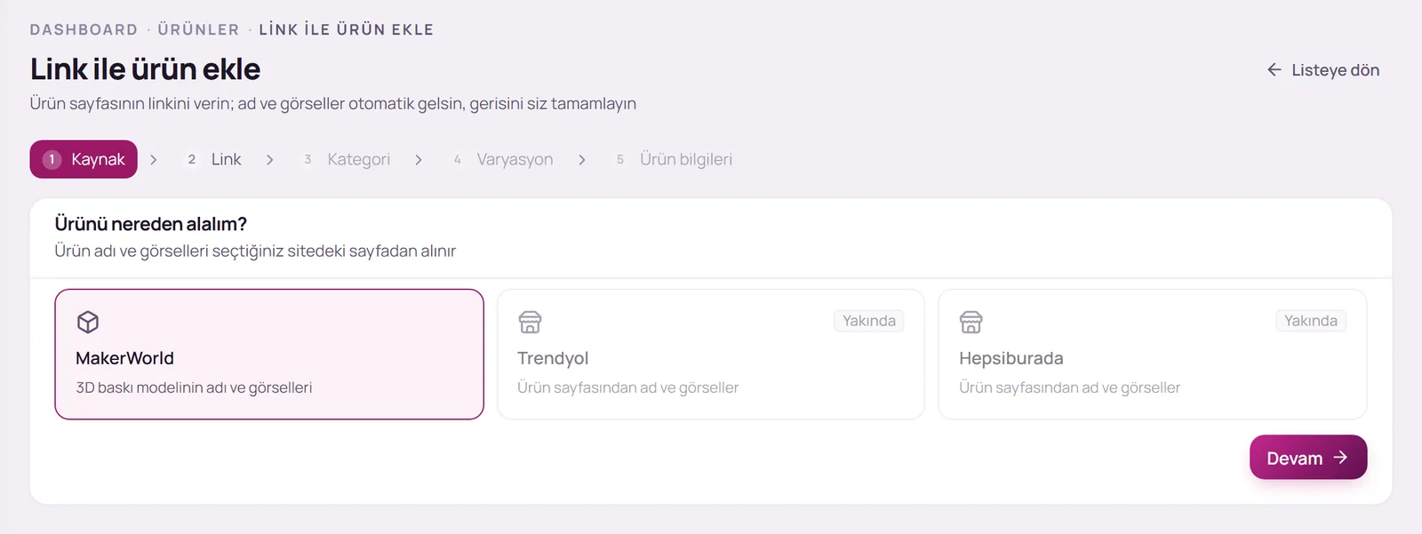 Link ile ürün ekle ekranında kaynak seçimi