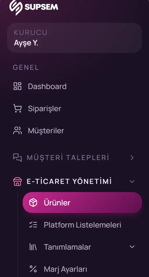 Sol menüde E-Ticaret Yönetimi, Ürünler seçimi