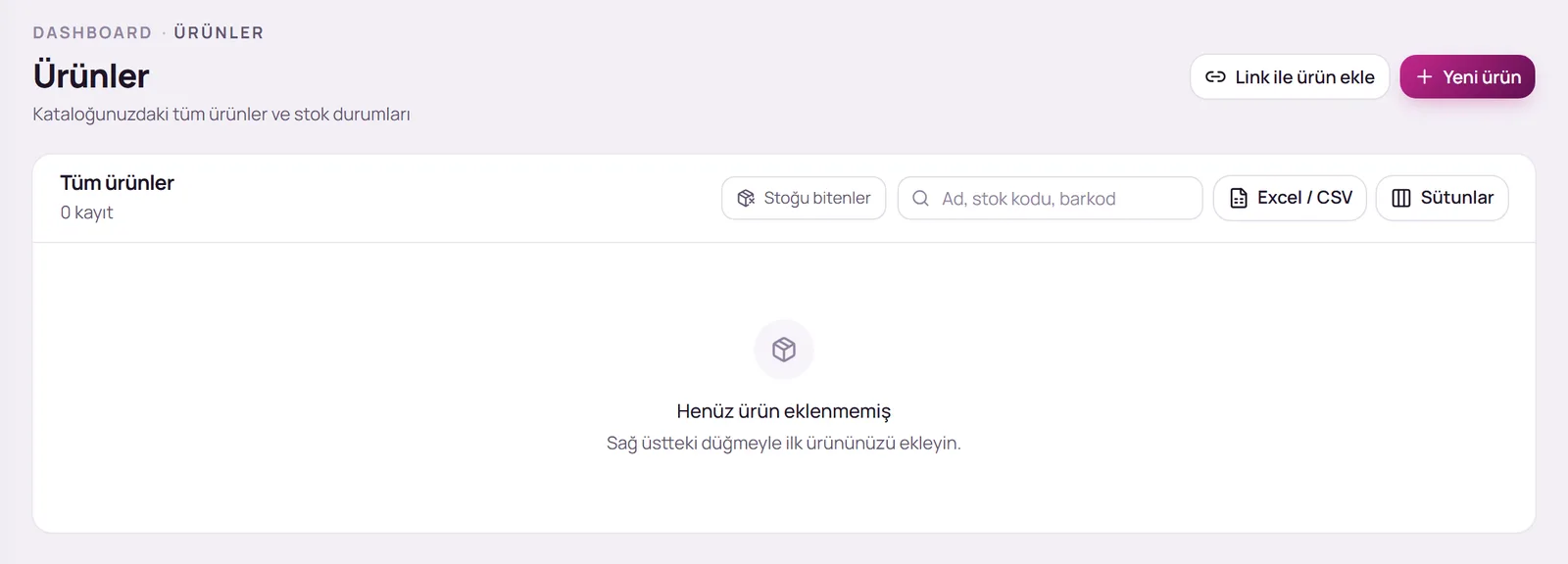 Ürünler sayfası ve Link ile ürün ekle düğmesi