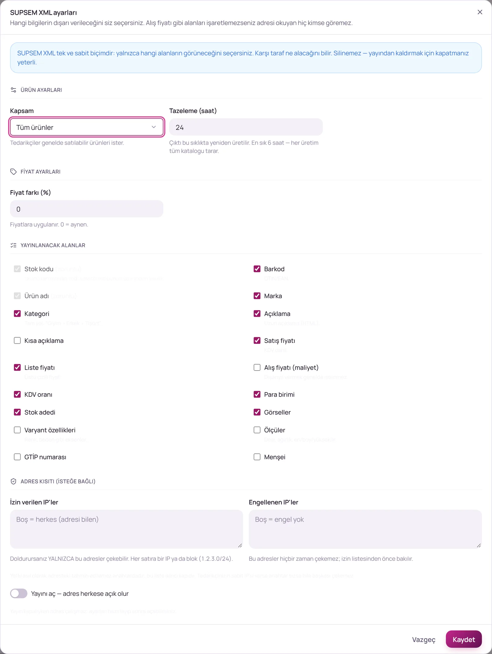 XML yayın ayarları formu