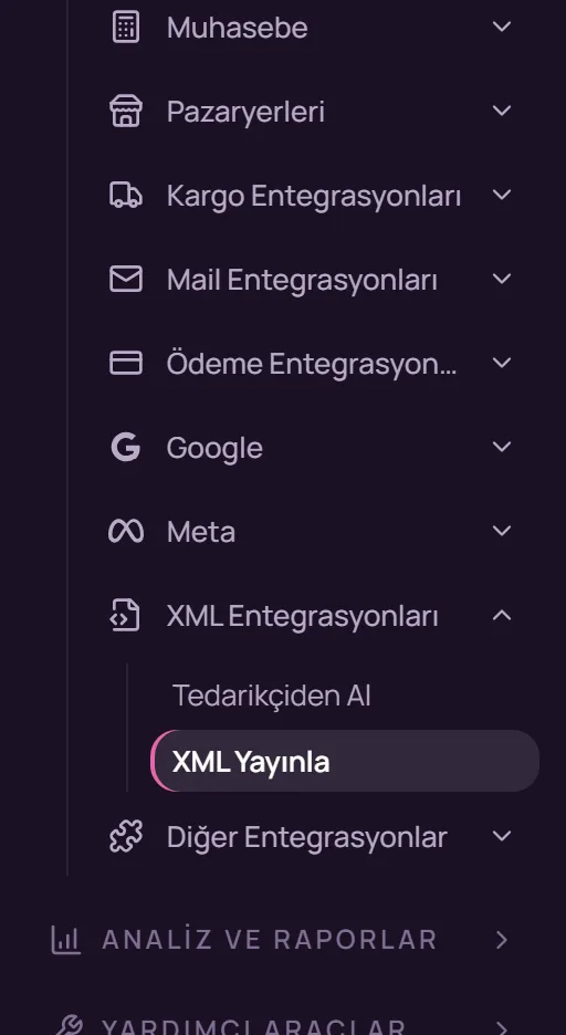 Sol menüde XML Yayınla seçimi