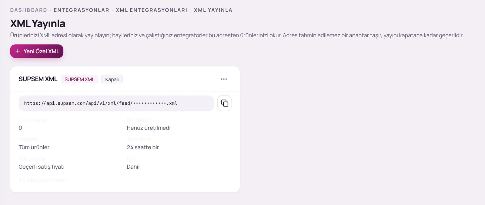 XML Yayınla sayfası