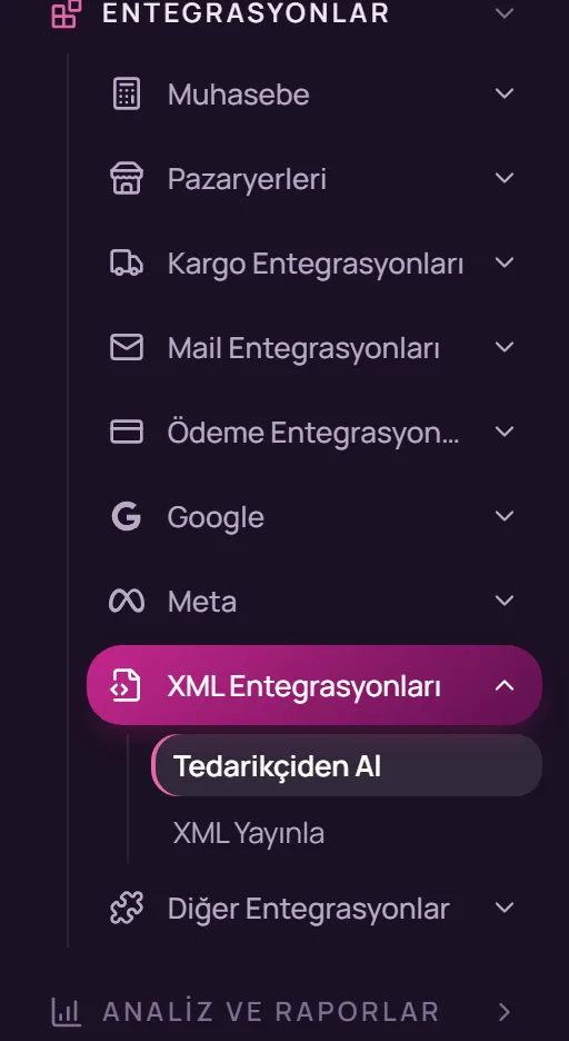 Sol menüde Entegrasyonlar, XML Entegrasyonları ve Tedarikçiden Al seçimi