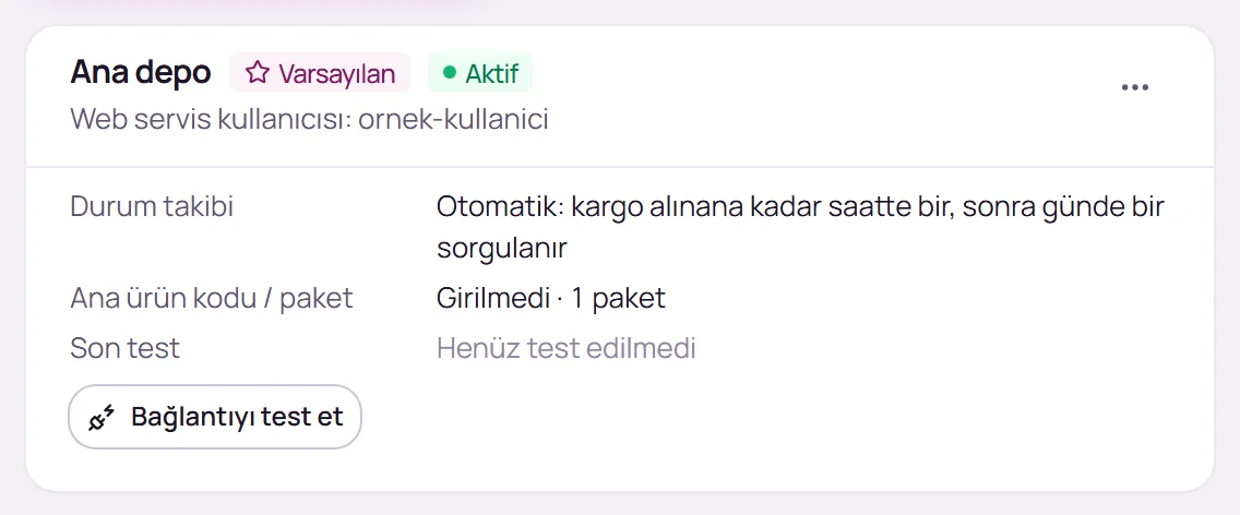 Kaydedilmiş Yurtiçi Kargo bağlantı kartı