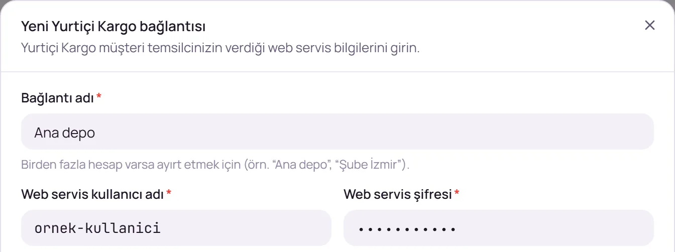 Bağlantı adı ve Yurtiçi Kargo hesap bilgileri alanları
