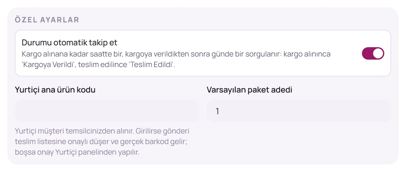 Özel ayarlar bölümü